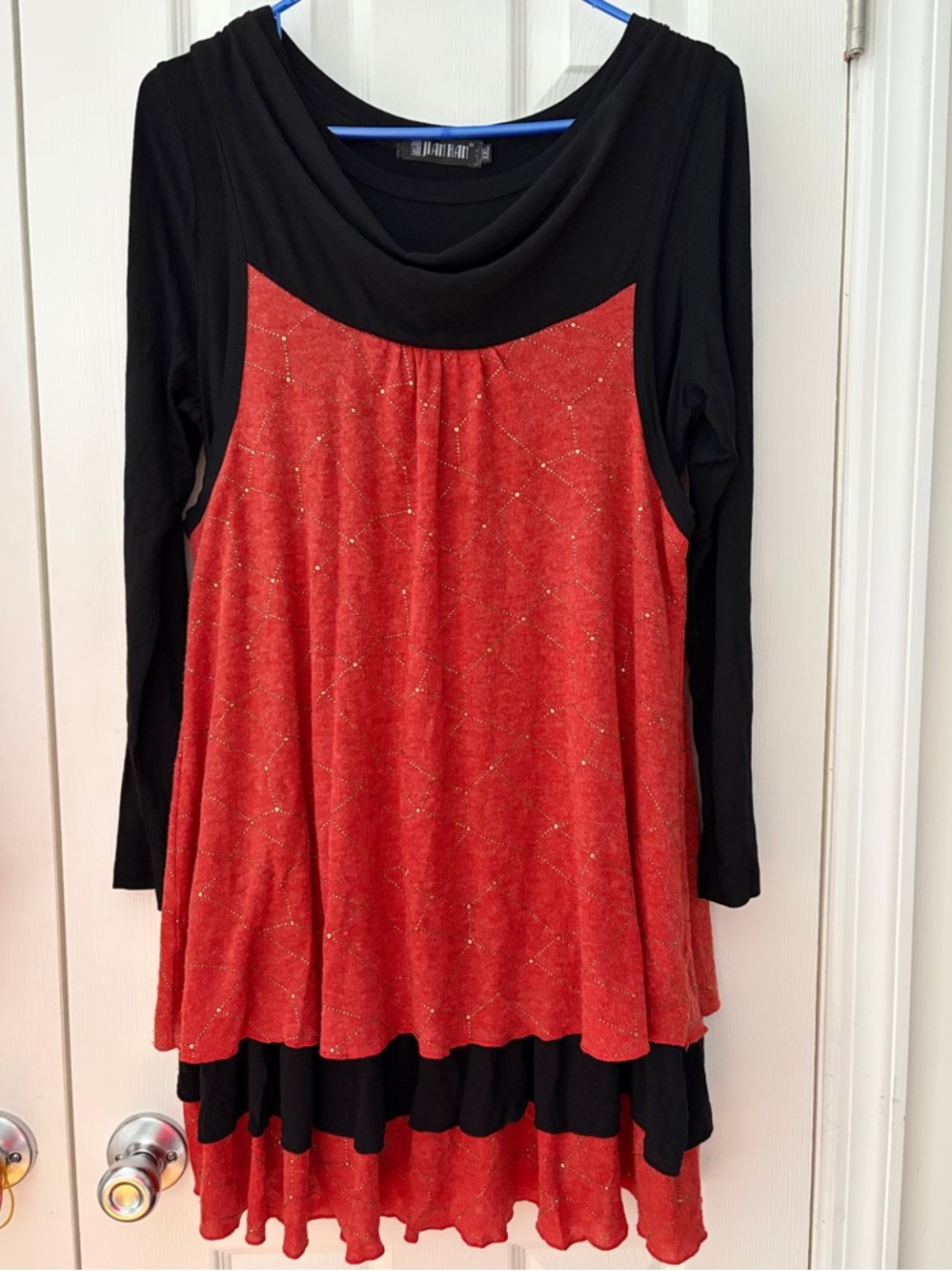 Black & Red Layered Sparkle Long-Sleeve Dress